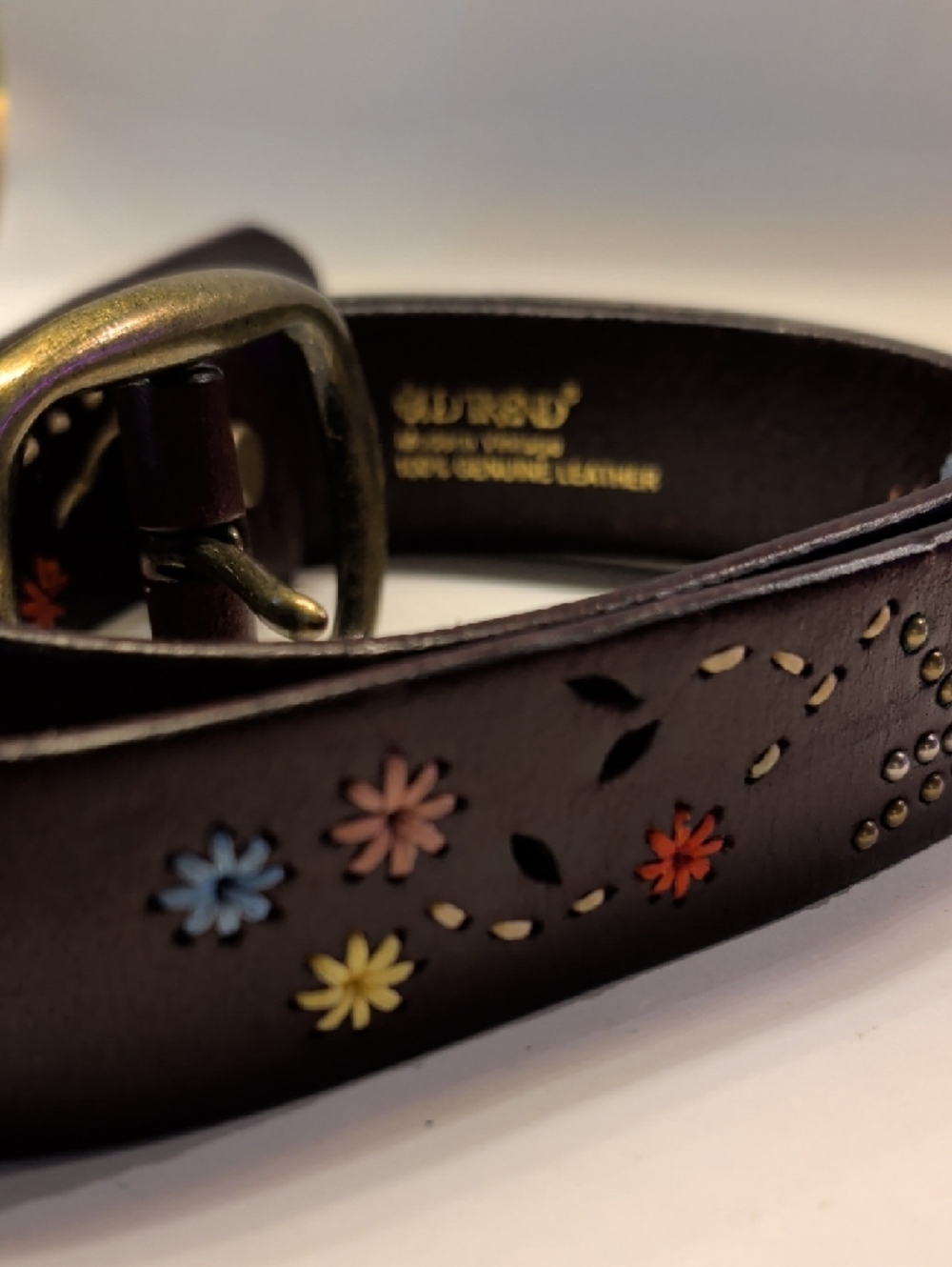 Brown Floral-Accent Leather Belt with Antiqued Brass Buckle - Picture 10 of 13